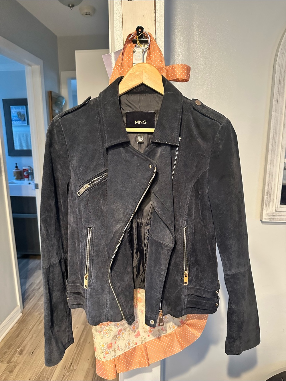 🍁Mango Dark blue Suede Asymmetric Zip Moto Jacket
